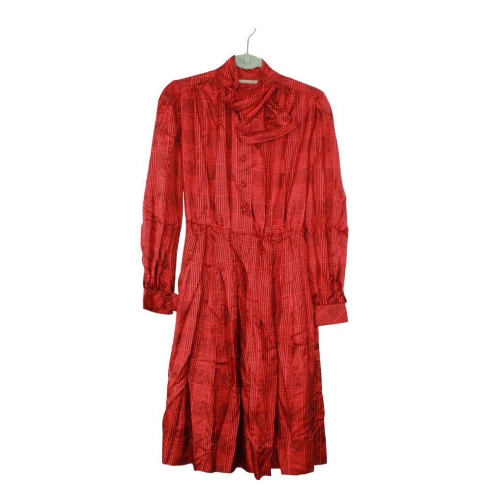 Vintage Women's Red Plaid Midi Dress Long Sleeve Tie Neck Classic Inspired